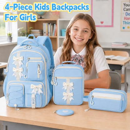 Girls Backpack with Lunch Box Set, 4 PCS Cute Kawaii School Bookbag for Elementary Girls, Blue Aesthetic Large Laptop Backpack for Kids & Teens - color: Blue