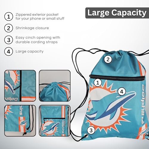 FOCO Miami Dolphins NFL Drawstring Backpack with Zippered Pocket — Officially Licensed, Cordura Nylon - color: Miami Dolphins