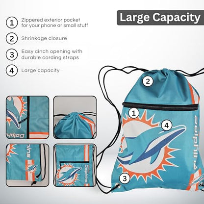 FOCO Miami Dolphins NFL Drawstring Backpack with Zippered Pocket — Officially Licensed, Cordura Nylon - color: Miami Dolphins