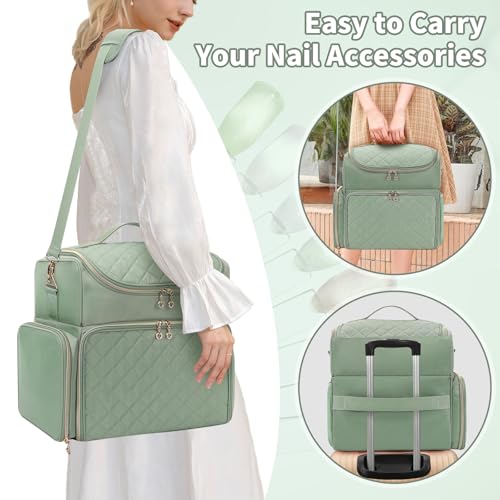 Extra Large Nail Polish Organizer Case Holds 86 to 100+ Bottles Nail Polish & Nail Lamp, Nail Supplies Storage Carrying Bag with 2 Removable Pouches, Portable Nail Tech Travel Box (Green, 86 Slots) - color: Green
