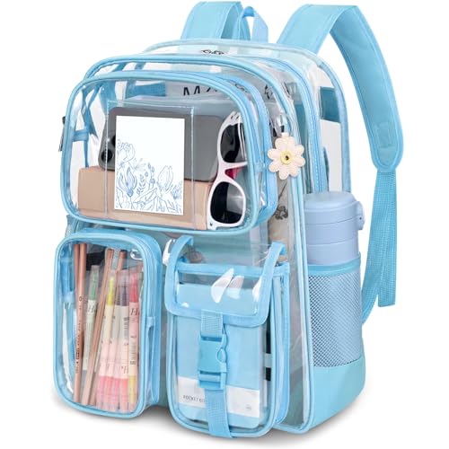 Attmu Clear Backpack for School, Heavy Duty PVC Transparent Bookbag with Reinforced Straps Stitches, Clear Bag for Stadium Events Girls Boys, Large Capacity Backpack for Security College Work - Blue - color: Blue, size: 17*12*5