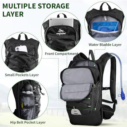 Hydration Backpack with 2L Water Bladder - 20L Water Backpack for Hiking, Cycling, Running, Biking, Lightweight Hiking Pack Bag for Women & Men with Trekking Pole Holders - color: Black With 2l Water Bladder