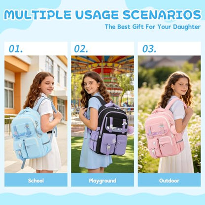 MUSEVOS Girls Backpack, Kids Backpack for Girls, School Bookbag for Teens Age 6-15, Large Capacity Water Resistant Backpack for Elementary to High School, Cute Travel Daypack, Blue - color: Blue