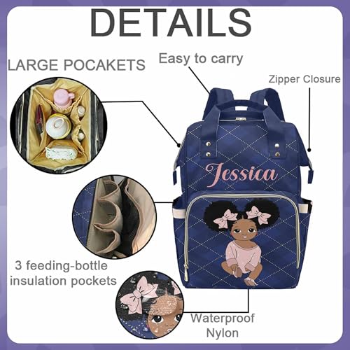 Newcos Personalized Blue Cloth Plaid Diaper Bag Backpack with Name Custom Afro Princess Mommy Nursing Baby Bags for Women,Customized Large Nappy Bags - color: 230112-14