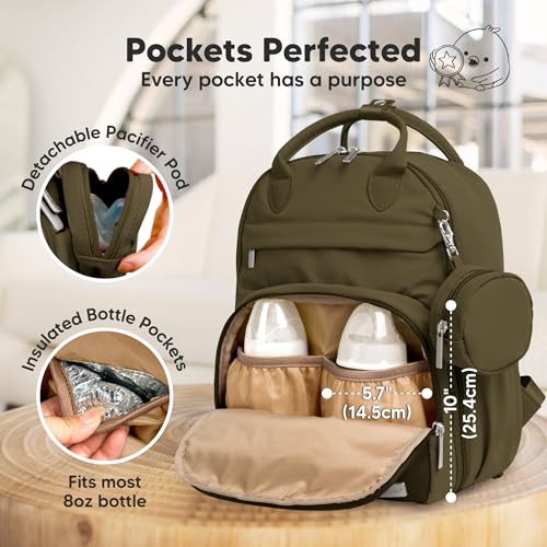 KeaBabies Diaper Bag Backpack - Multifunctional Travel Diaper Back Packs, Maternity Baby Changing Bags, Compact 18L Capacity, PU Leather, Waterproof, Unisex, Nappy Changing Pad (Dark Olive) - color: Dark Olive, style: Jumbo / 16.5" H