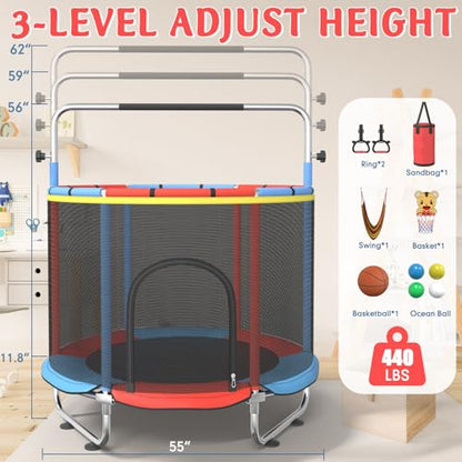 Trampoline for Kids, 55" Indoor & Outdoor Toddler Trampoline, Anti-Rollover Bottom Kids Toys with Adjustable Gymnastics Bars, Toddler Swing, Basketball Hoop - color: RedBlue