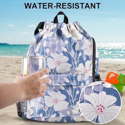 Drawstring Backpack with Mesh Pockets String Gym Bag Sackpack Sandproof Water Resistant Beach Backpack for Men Women - color: Arabian Jasmine