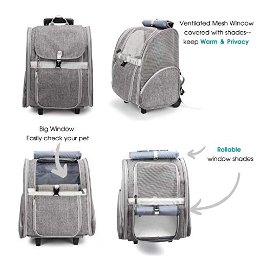 Lollimeow Pet Rolling Carrier, Dog Backpack with Wheels,Cats,Puppies Travel Bag with Wheels,Dog Trolley(Grey)