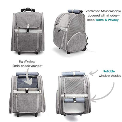 Lollimeow Pet Rolling Carrier, Dog Backpack with Wheels,Cats,Puppies Travel Bag with Wheels,Dog Trolley(Grey)
