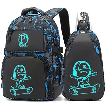 School Backpack for Boys, Elementary School Bag College Bookbag Lightweight Laptop Bag with Sling Bag Set, Kids Skateboard Backpack Casual Daypack, Blue - style: Skateboard-blue3