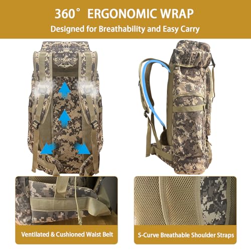 80L Camping Hiking Backpack, Large Military Tactical Backpack with USB Charging Port, Waterproof Travel Daypack With Carabiner Outdoor MOLLE Rucksack for Men Women (Camo) - color: 80l Camo-biner