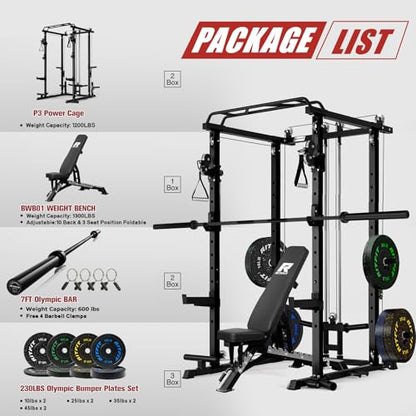 RitFit Multi-Function Garage & Home Gym Package Includes 1200LBS Power Cage PPC03/P3 with Cable Crossover System, Weight Bench, Olympic Barbell Weight Set, Full Body Workout - color: Black, style: Package 1.7K (with FBP 230lbs Plates)