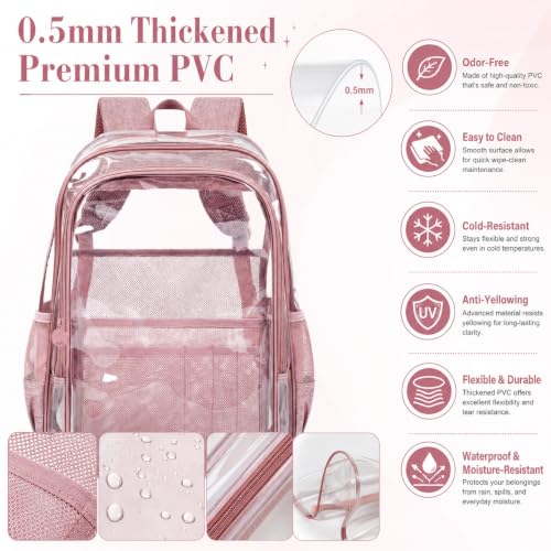gxtvo Clear Backpack, Heavy Duty Transparent Bookbag, See Through Backpacks for Women Men | Heavy Duty - color: Chic Deep Pink Clear Backpack