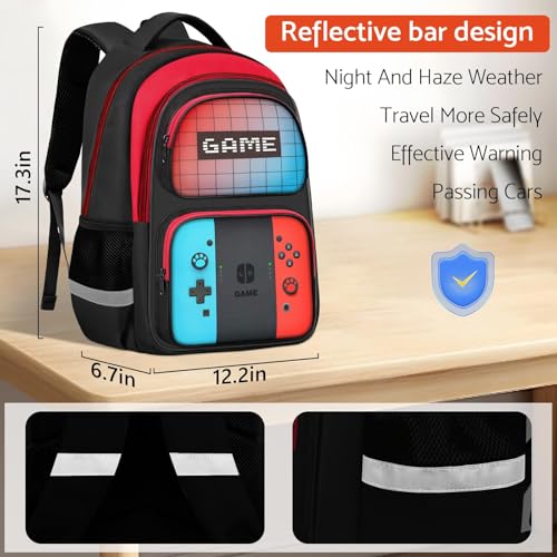 TILYTADLY School Backpack for Boys - HFHTDC Gamer Boys Backpack for Kids Children Teens Elementary Middle School - Students Bookbag Ages 6-18,17″ Video Game Bookbag Travel Back Pack - color: Red&blue-only Backpack
