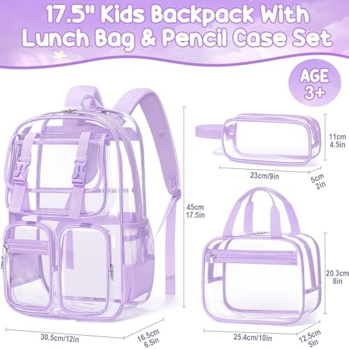 Fimibuke Clear Backpack for Girls - 3 PCS Heavy Duty Kids Clear Bags Schoolbag Large Transparent PVC Bookbag with Lunch Box Pencil Case Set for Travel School Concert Stadium Events Backpacks - color: purple
