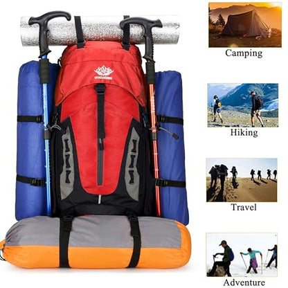 YFREAL 60L Travel Hiking Camping Backpack with Rain Cover,Backpack Water Resistant,Climbing Backpack for Men Women (RED) - color: Red