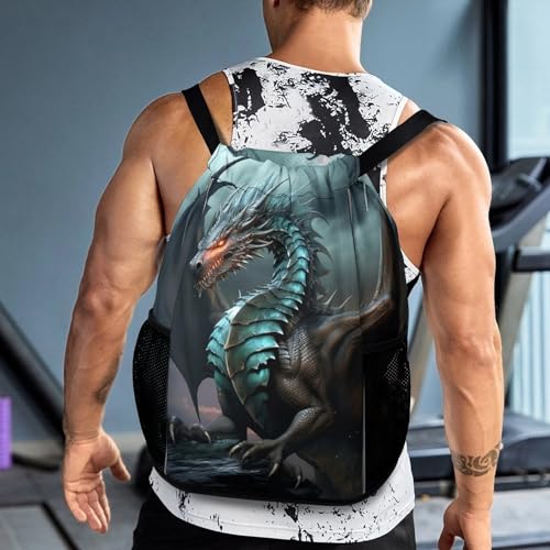Drawstring Gym Backpack with Shoe Compartment And Wet Pocket, 28L Lightweight Waterproof Cool Dragon Sports Backpack for Workout Swim Beach Travel String Bag for Men Women