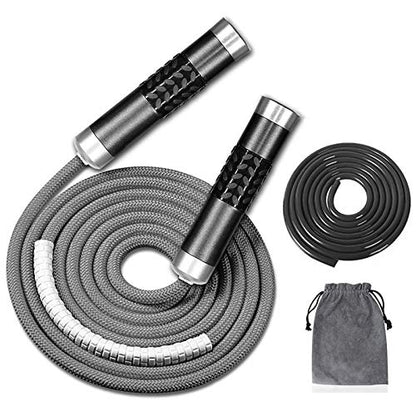 Redify Weighted Jump Rope for Workout Fitness(1LB), Tangle-Free Ball Bearing Rapid Speed Skipping Rope for MMA Boxing Weight-loss,Aluminum Handle Adjustable Length 9MM Fabric Cotton+9MM Solid PVC Rope - color: Grey