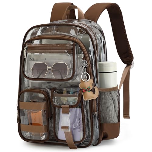 Clear Backpack for School Girls Boys Heavy Duty Transparent Backpack with Multiple Pockets, Lightweight PVC See Through Bookbag for Students - Coffice Brown - color: Coffice Brown