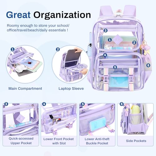 Sisipoet Clear Backpack for School, PVC Clear Bookbag Heavy Duty Transparent Backpack for Stadium Events See Through Bag - color: 1pc-purple