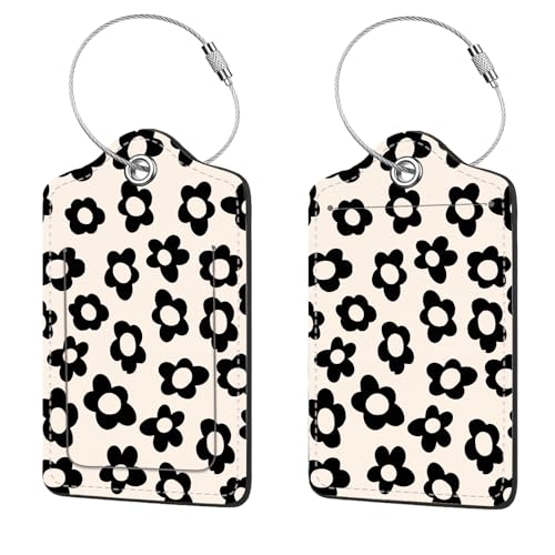 2 Pcs Luggage Tags for Suitcase, Cute Unique PU Leather Travel Bag Tag with Privacy Cover ID Label Address Card and Durable Metal Ring Suitable for Men Women Children Backpack,Black Flowers - color: Black Flowers