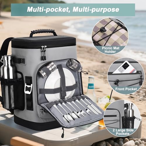 Large 52cans Cooler Backpack, Insulated, Waterproof, Leak Proof, 30L Large Capacity - color: Grey, Black Zipper