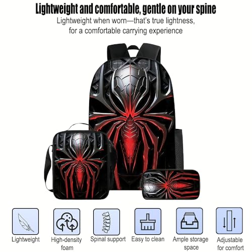 3 in 1 Spider Pattern, 17'' Large-Capacity Backpack Set With a Fashionable and Personalized Style is Exquisitely Designed and Widely Applicable, Making it an Ideal Choice(Black)