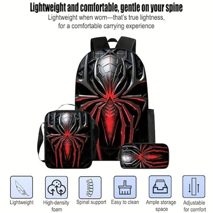 3 in 1 Spider Pattern, 17'' Large-Capacity Backpack Set With a Fashionable and Personalized Style is Exquisitely Designed and Widely Applicable, Making it an Ideal Choice(Black)