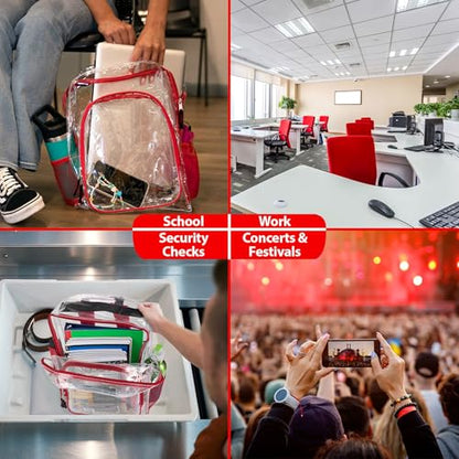 Heavy Duty Clear See Through Backpack | Transparent Clear Backpack Bags Stadium Approved for Women, Men, School, Travel - color: Red