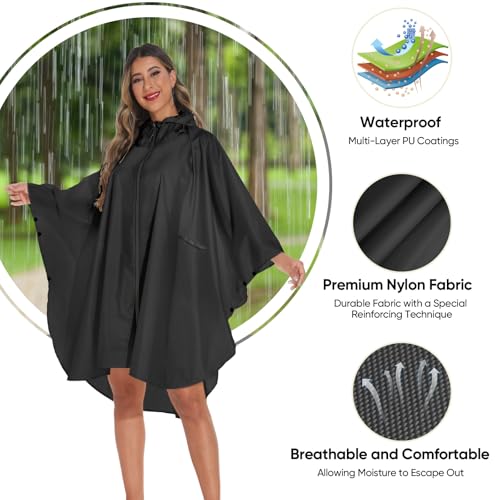 PTEROMY Hooded Rain Poncho for Adult with Pocket and Zipper, Waterproof Lightweight Raincoat for Men and Women - color: Black
