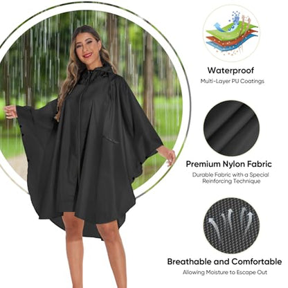 PTEROMY Hooded Rain Poncho for Adult with Pocket and Zipper, Waterproof Lightweight Raincoat for Men and Women - color: Black