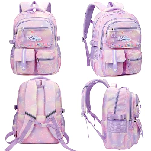 MCWTH Backpack for Teen Girls, Kawaii Cute Kids Elementary Student School Backpacks (Happy Purple) - color: Happy Purple