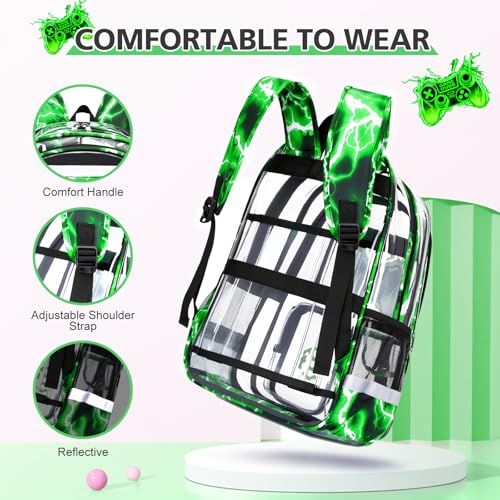 DIGOBAY 3PCS Cool Luminous Clear Backpack for Boys Kids, Gamer Clear Bookbag for School, See Through PVC Transparent Backpacks with Lunch Bag Pencil Case, Backpack Heavy Duty for School Stadium - color: Green Lightning
