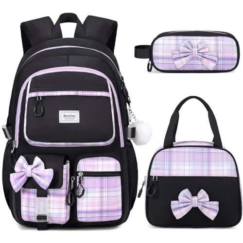Bevalsa Backpack for Girls, School Bags for Kids with Lunch Bag & Pen Case, Bow Plaid Bookbag for Girls Children Teens for Elementary Middle High school College Student with USB Charging Port - color: Black Purple Plaid
