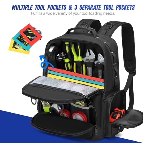 Tool Backpack,Heavy Duty Tool Bags for Men,Tool Storage Organizer Bag With 3 Tool Pouches for Electrician/Industrial/Construction/Tactical/Hvac Techs/Repairman Work
