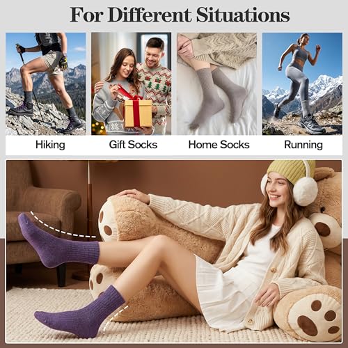 MOGGEI 5 Pairs Womens Merino Wool Socks Hiking Warm Winter Thick Thermal Crew Cozy Cabin Ladies Gift Comfy Boot Work Socks - color: Black/Grey/Light Violet/Light Coffee/White