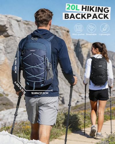 WATERFLY 20L Small Hiking Backpack for Women Men, Lightweight Breathable Back Panel, Chest Strap with Whistle, Fits 2L Water Bladder, Multi-Pocket Bag for Hiking Camping Travel Trekking Outdoor - color: Blue