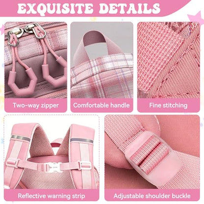 Backpack for Girls,Cute Plaid Backpack,Preppy Bookbag for Elementary & Middle School Students,Large Capacity School Bag,17 Inch,Pink - color: Pink