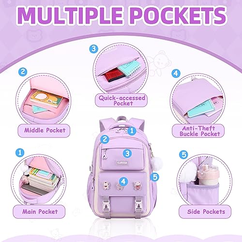 PIG PIG GIRL Girls Backpack, Kids Backpack for Girls with Anti-theft Back Pocket, Lightweight School Back Pack Water Resistant Bookbag for Elementary Primary School, Purple - color: Purple
