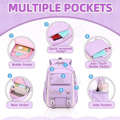 PIG PIG GIRL Girls Backpack, Kids Backpack for Girls with Anti-theft Back Pocket, Lightweight School Back Pack Water Resistant Bookbag for Elementary Primary School, Purple - color: Purple