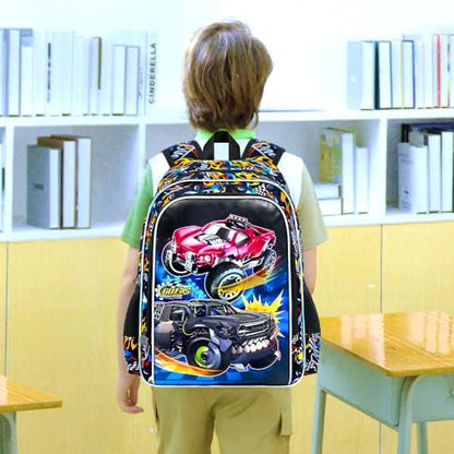 3Pcs Truck Backpack, 16" Boys Bookbag with Lunch Box, Kids School Backpacks Set for Elementary Preschool Kindergarten (Balck) - color: Truck Black