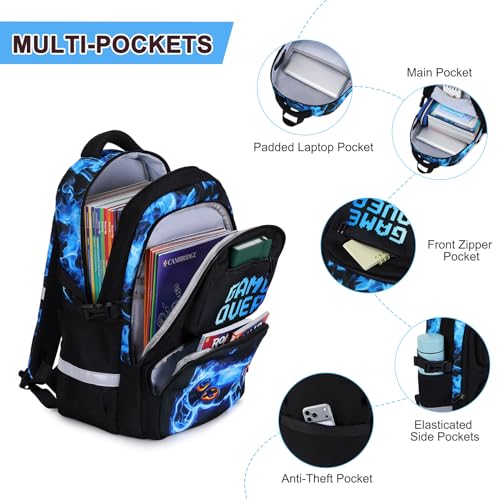 3PCS School Backpack for Boys, Cool Gamer Boys Backpack with Lunch Box and Pencil Case for Kids Kindergarten Teens Elementary Middle School Bag with Convenient Charging Port,Gaming Bookbag Waterproof - color: Blue Flame