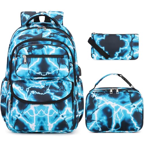 Bevalsa Backpack for Boys, Lightning School Bags with Lunch Bag & Pen Case for Kids, Bookbag for Boys Teens Elementary Middle High School - color: Green