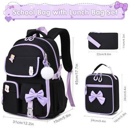 ACESAK Girls Backpack - 3PCS Backpack for Girls Cute School Backpacks for Girl Kindergarten Elementary Preschool Middle Kids School Bags with Lunch Box Pencil Case Set (Black-Purple) - color: Black Purple