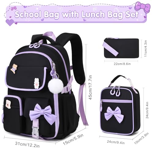ACESAK Girls Backpack - 3PCS Backpack for Girls Cute School Backpacks for Girl Kindergarten Elementary Preschool Middle Kids School Bags with Lunch Box Pencil Case Set (Black-Purple) - color: Black Purple