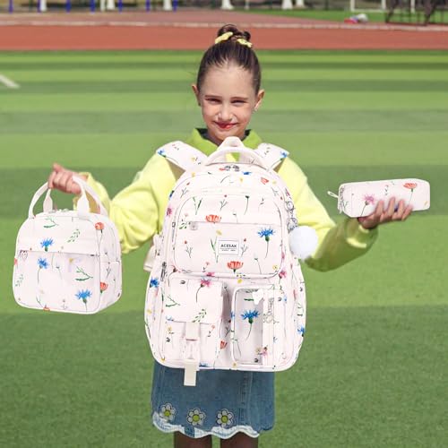 ACESAK Backpack for Girls - Girls Backpack with Lunch Bag & Pencil Pouch for Teen Kids Laptop Backpack for Women, Elementary Middle High School Bookbag Travel Daypack (Beige Flower) - color: Beige Flower