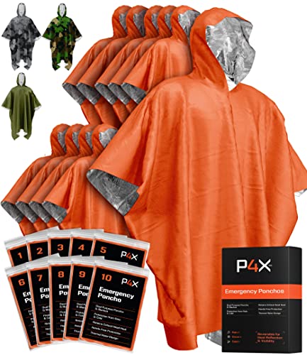 PREPARED4X Emergency Mylar Poncho – Survival Rain Poncho with Hood – Lightweight, Compact, Reusable Emergency Blanket Poncho for Hiking, Camping, Thermal Gear, Car Kit, Outdoors - color: Orange 10-pack