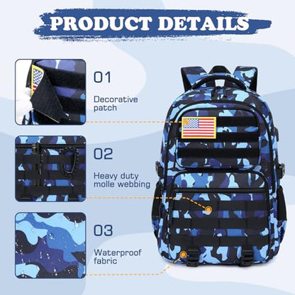 Camo Backpack for Boys, Tactical Boys Backpack with Lunch Box Pencil Case, Kids Backpacks with USB Charging Port, Military Army School Bookbag for Teen Boy Elementary Middle High School Camp - color: Black-blue