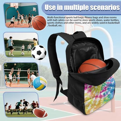 18.5in Basketball Backpack Basketball Bag with Shoe Compartment & Ball Holder, Waterproof Bag for Soccer Volleyball - color: Colorful Round Tie-Dye Print
