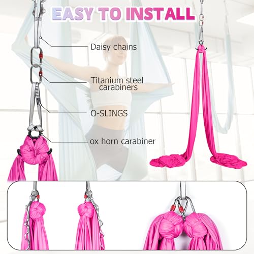 Aerial Silks Kit & Aerial Yoga Hammock - 11Yd Premium Fabric with Hardware - Easy Setup for Flying Yoga, Aerial Swing & Fitness - Supports Up to 14ft Rigging - color: Hot Pink
